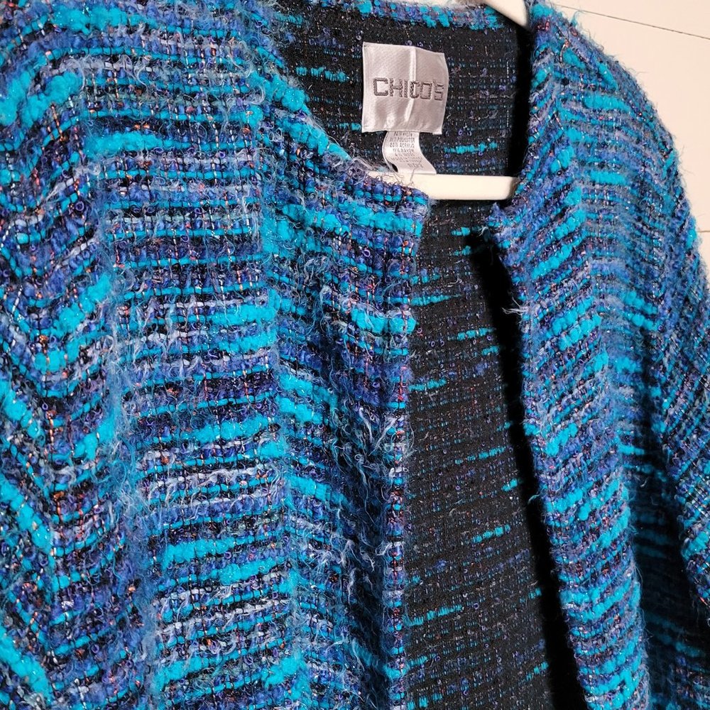 Chico’s Blue Turquoise Knit Open Front Long Cardigan Duster, Chico's Size 2 - Picture 5 of 11
